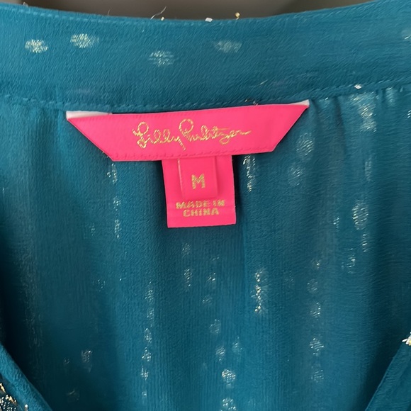 Lilly Pulitzer Silk Metallic Gold V Neck Blouse Top Size Med Teal Flounce Sleeve - Picture 3 of 6